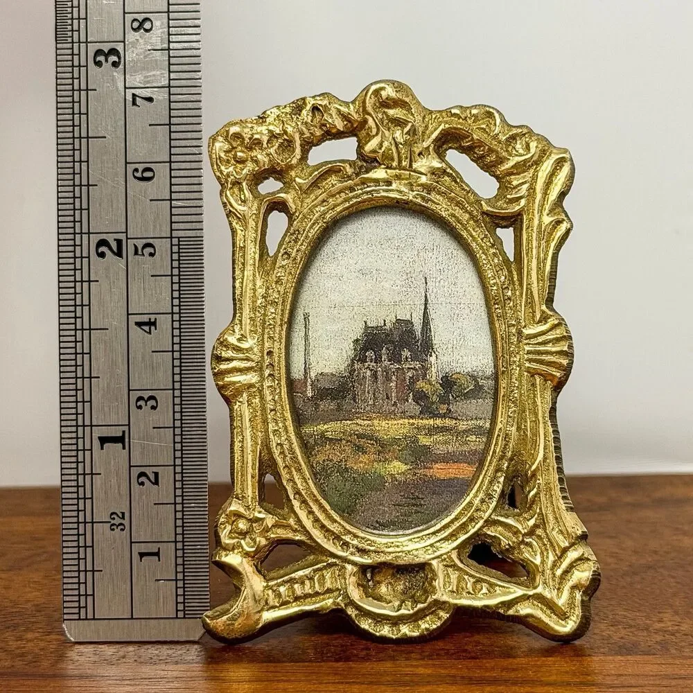 Antique Art Nouveau Solid Brass Miniature Oval Picture Frame c.1895-1915